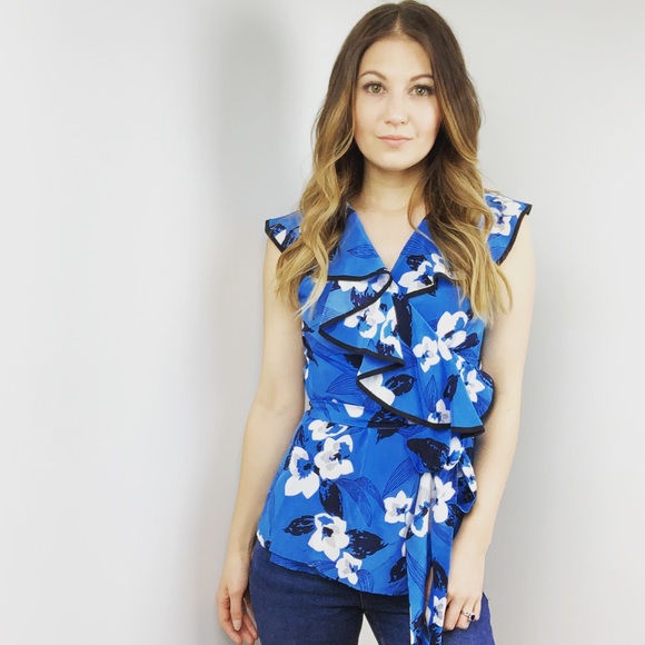 Yumi Kim Tops - Yumi Kim Blue Floral Ruffle Wrap Top